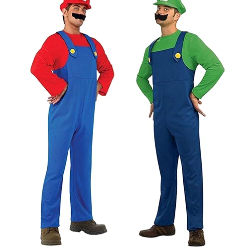 YUUGYD Super Brothers Cosplay Kostüme für Erwachsene Kinder, Halloween Carnival Cosplay Kostüm, Cosplay Kostüm mit Hut und Schnurrbart für Herren Damen Jungen Mädchen, Herren Grün, L von YUUGYD