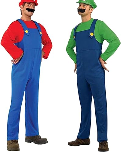 YUUGYD Super Brothers Cosplay Kostüme für Erwachsene Kinder, Halloween Carnival Cosplay Kostüm, Cosplay Kostüm mit Hut und Schnurrbart für Herren Damen Jungen Mädchen, Herren Rot, M von YUUGYD