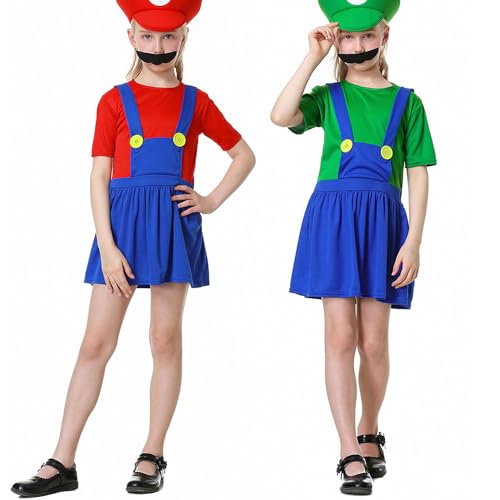 YUUGYD Super Brothers Cosplay Kostüme für Erwachsene Kinder, Halloween Carnival Cosplay Kostüm, Cosplay Kostüm mit Hut und Schnurrbart für Herren Damen Jungen Mädchen, Mädchen Grün, M von YUUGYD