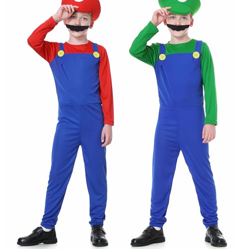 YUUGYD Super Brothers Cosplay Kostüme für Erwachsene Kinder, Halloween Carnival Cosplay Kostüm, Cosplay Kostüm mit Hut und Schnurrbart für Herren Damen Jungen Mädchen, Jungen Rot, S von YUUGYD