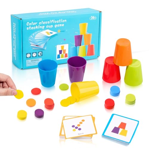 Montessori Spielzeug ab 1 Jahr, Sortierspiel ab 1 Jahr Stapelbecher Baby, Kultivieren Sie Farbwahrnehmung und Logisches Denken Bausteine für Kinder ab 1 Jahr, 6 Colors Cup+60 Runde Bausteine+50 Karte von YUWJOOWEE