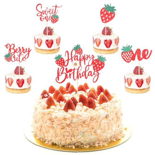 YUXIANLB 13 Teiliges Beeren Happy Birthday Kuchen Dekor Rote Glitzer Obstkuchen Picker für Erdbeer Thema Kuchendekorationszubehör für Babypartys Kindergeburtstage von YUXIANLB