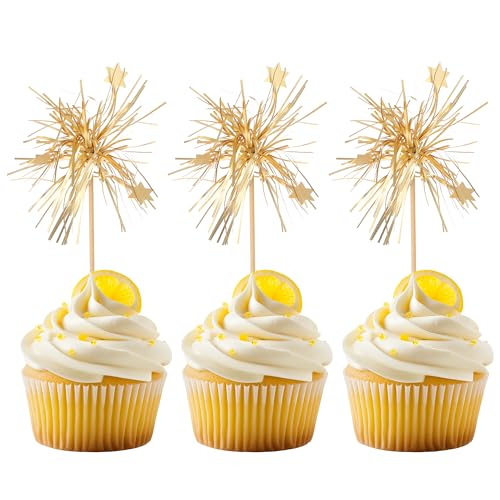 YUXIANLB 20 Stück Feuerwerk Cupcake Topper Goldene Happy Birthday Kuchentopper Wunderkerzen Feuerwerksstäbe Lametta Blumen Cocktail Rührstäbchen Lebensmittel Obst Zahnstocher Für Partyzubehör von YUXIANLB