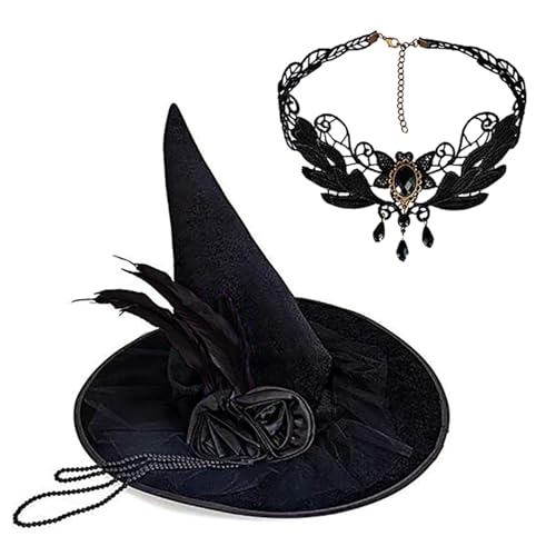 YUXITA Hexenhut und Strass Halskette Set Damen Halloween Hut Rosen Deko Hut für Mottoparty und Feier von YUXITA