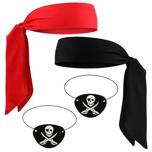 Piraten Accessoires Set Erwachsene Kinder, 2 Pirat Augenklappe 2 Piraten Kopftuch, Piratenkostüm Zubehör für Männer Frauen Karneval Halloween Piraten Kapitän Rollenspiel Accessoires (Rot+Schwarz) von YUYWWAN