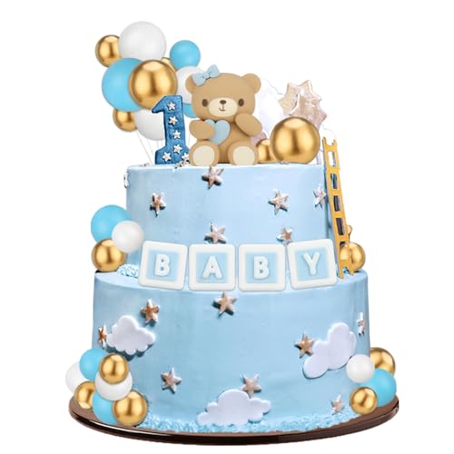 Tortendeko Bär Kuchendeko Kugeln, 29 Stück Cake Topper Geburtstag Mini Bär Kuchen Deko Niedlich Torten Topper für Kinderpartys, Gender-Reveal-Partys, Babypartys (Blau) von YUYWWAN