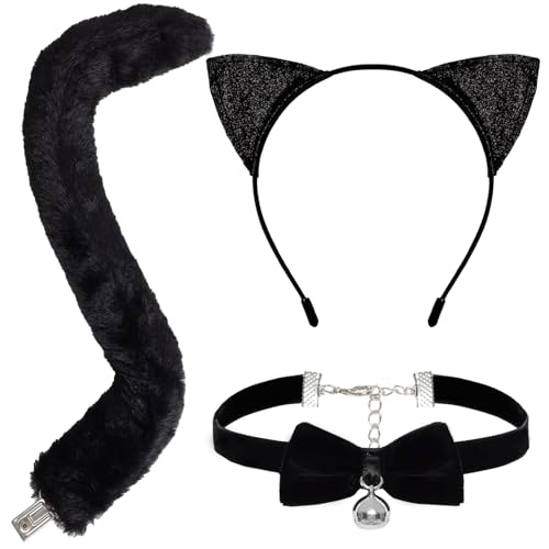 YUYWWAN Katzenkostüm Zubehör Set, Katzenohren Haarreif Katzenschwanz Glockenhalskette, Schwarz Katze Kostüm Cosplay Set für Kinder Erwachsene Karneval Rollenspiel Accessoires von YUYWWAN