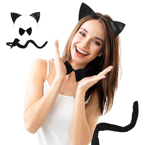 YUYWWAN Katzenkostüm Zubehör Set, Katzenohren Haarreif Katzenschwanz Kurze Plüschfliege, Schwarz Katze Kostüm Cosplay Set für Mädchen Damen Karneval Rollenspiel Accessoires von YUYWWAN