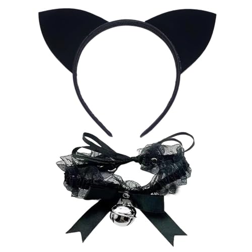 YUYWWAN Katzenkostüm Zubehör Set, Schwarz Katzenohr Stirnband, Halskette aus Schleifenspitze mit Glöckchen, Schwarz Katze Kostüm Cosplay Set für Kinder Erwachsene Karneval Rollenspiel Accessoires von YUYWWAN