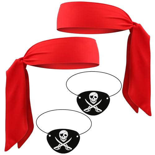 YUYWWAN Piraten Accessoires Set Erwachsene Kinder, 2 Pirat Augenklappe 2 Piraten Kopftuch, Piratenkostüm Zubehör für Männer Frauen Karneval Halloween Piraten Kapitän Rollenspiel Accessoires (Rot) von YUYWWAN