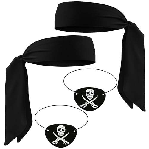 YUYWWAN Piraten Accessoires Set Erwachsene Kinder, 2 Pirat Augenklappe 2 Piraten Kopftuch, Piratenkostüm Zubehör für Männer Frauen Karneval Halloween Piraten Kapitän Rollenspiel Accessoires (Schwarz) von YUYWWAN