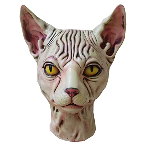 YWJewly Creepy Mask Katze Tier Kopfbedeckung Halloween Katze Gesicht Requisiten Maskerade Charakter Augenklappe Schwarz (Beige, One Size) von YWJewly