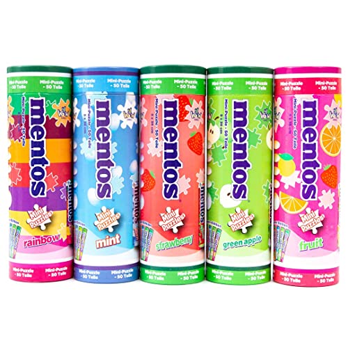 YWOW Games 90323 - Mini Puzzles Mentos Set, 5 verschiedene Mini Puzzles, 50 Teile je Motiv, Puzzlegröße: H24xB8cm, Verpackung: H16xØ5cm, ab 6 Jahre von YWOW Games