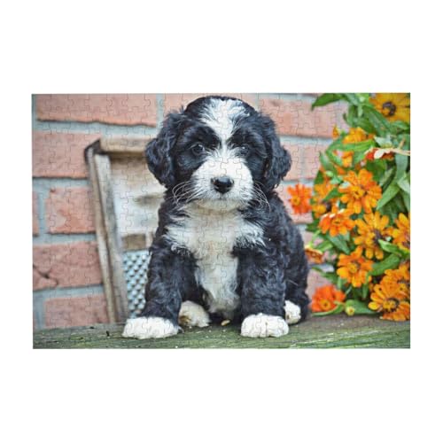 Bernedoodle Blumen Welpen Haustiere Hunde Bernedoodle, Puzzle 300 Teile Holzpuzzle Spielzeug Familienspiel Wanddekoration für Erwachsene Teenager von YWSOTRE