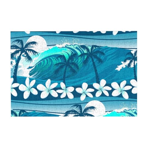 Blaues tropisches Surfen mit Palmen, Puzzle 300 Teile Holzpuzzle Spielzeug Familienspiel Wanddekoration für Erwachsene Teenager von YWSOTRE
