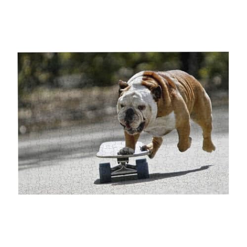 Englische Bulldoggen Bokeh Skateboard Haustiere Englisch, Puzzle 300 Teile Holzpuzzle Spielzeug Familienspiel Wanddekoration für Erwachsene Teenager von YWSOTRE