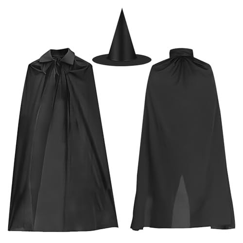 YXHZVON Halloween Cape und Zauberhut Set, Schwarzem Umhang mit Hut für Kinder, Vampirkostüm, Halloween Kostüm Vampirumhang Dracula Cape mit Hexenhut, Halloween Umhang mit Kapuze(Länge 120 cm) von YXHZVON