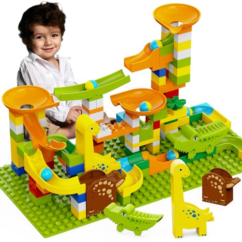 Dinosaurier-Marmorbahn-Bausteine, kompatibel mit LEGO DUPLO Kugelbahn, 138 Stück, klassische große Steine, STEM-Spielzeug für Kleinkinder, Marmor-Labyrinth, Rennstrecke, Montessori-Lernspielzeug für von YY LANDTOYS