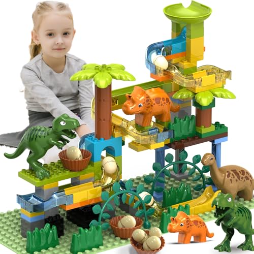 Dinosaurier-Marmorbahn-Bausteine/125 Stück klassische große Blöcke, kompatibel mit Lego DUPLOs für Kinder im Alter von 2–5 Jahren, Montessori-Lernspielzeug, Kleinkind, Marmor-Labyrinth, Rennbahn, von YY LANDTOYS