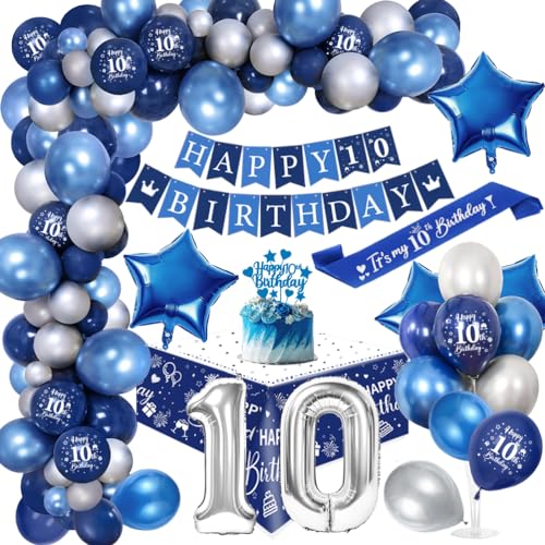 10. Geburtstagdeko Junge, 10 Jahre Blau Silber Balloon Arch Kit mit Happy Birthday Banner, Cake Topper, Tischdecke, Geburtstag Sash, Große Anzahl 10 Ballon, Chrom Blau Silber Luftballons 10. Geburtstagdeko Junge, 10 Jahre Blau Silber Balloon Arch Kit mit Happy Birthday Banner, Cake Topper, Tischdecke, Geburtstag Sash, Große Anzahl 10 Ballon, Chrom Blau Silber Luftballons von YYDSXK