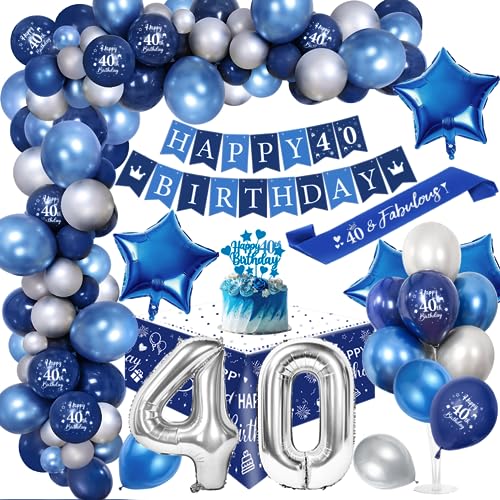 40. Geburtstagdeko Män, 40 Jahre Blau Silber Balloon Arch Kit mit Happy Birthday Banner, Cake Topper, Tischdecke, Geburtstag Sash, Große Anzahl 40 Ballon, Chrom Blau Silber Luftballons 40. Geburtstagdeko Män, 40 Jahre Blau Silber Balloon Arch Kit mit Happy Birthday Banner, Cake Topper, Tischdecke, Geburtstag Sash, Große Anzahl 40 Ballon, Chrom Blau Silber Luftballons von YYDSXK