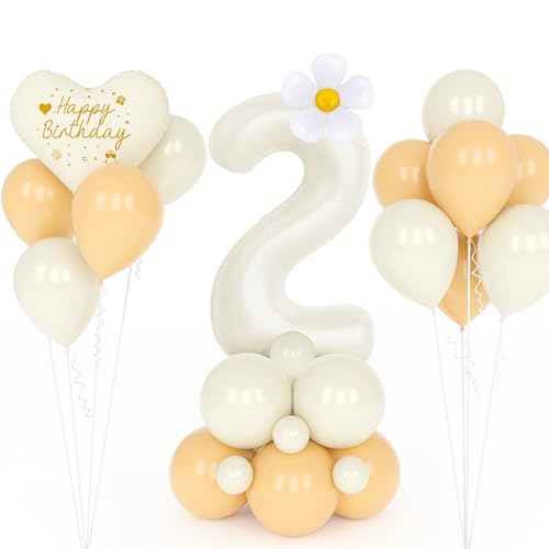 Ballon Anniversaire 2 An Fille, 32 Pouces Crème Ballon Chiffre Numéro 2, Decoration Anniversaire 2 Ans Fille, Crème et Blanc Sable Aluminium Ballon Numéro 2 pour Filles Décorations Fêtes Anniversaire von YYDSXK