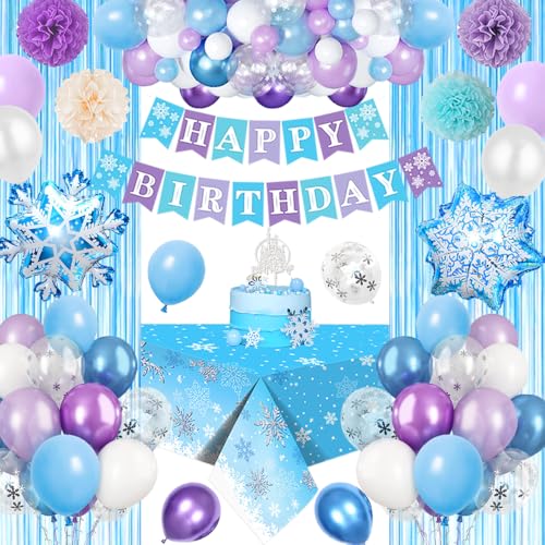 Frozen Geburtstagdeko Mädchen,Blau Lila Geburtstag Deko mit Geburtstag Banner Cake Topper Tischdecke Pompom Folie 3D Snowflake Luftballons für Kindergeburtstag Deko 3 4 5 6 Jahre von YYDSXK