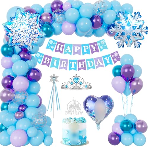 Frozen Geburtstagsdeko Mädchen, Elsa Geburtstag Party Deko Blau Lila Luftballons mit Tiara Krone Zauberstab Cake Topper Happy Birthday Banner Folie 3D Snowflake Ballons für Kinder Partydeko von YYDSXK