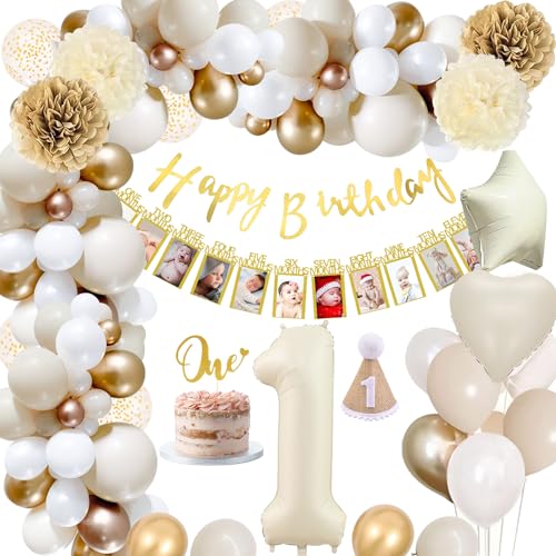 Geburtstagsdeko 1 Jahr, Erster Geburtstag Dekorationen Jungen Mädchen,Beige Weiß Gold Luftballons 1. Geburtstag mit 1.Geburtstag Baby Geburtstag Fotogirlande Foto Banner für Kindergeburtstag 1 Deko von YYDSXK