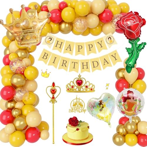 Geburtstagsdeko Mädchen, Prinzessin Belle Geburtstag Party Deko Luftballons Konfetti mit Tiara Krone Zauberstab Cupcake Topper Happy Birthday Banner Krone Ballon für Kinder Partydeko Geburtstag von YYDSXK