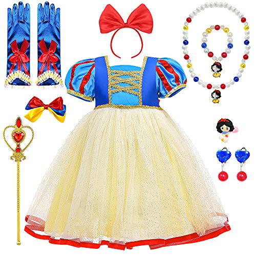 Prinzessin Kleid Mädchen, Schneewittchen Kostüm Kinder mit Krone Zauberstab Halsketten Ohrringe Set, Schneewittchen Kleid für Halloween Weihnachten Karneval Geburtstag Party Outfit (Stil C, 130) von YYDSXK