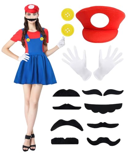 Super Brother Kostüm Frauen, Super Bros Cosplay Kostüm, 14pcs Kostüm Erwachsene, Super Bros Kostüm Kleid Frauen mit Hut, Handschuhen, Bart für Frauen Geburtstag Halloween Party Karneval Cosplay-L von YYDSXK