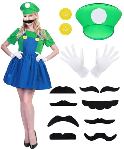 Super Brother Kostüm Frauen, Super Bros Cosplay Kostüm, 14pcs Kostüm Erwachsene, Super Bros Kostüm Kleid Frauen mit Hut, Handschuhen, Bart für Frauen Geburtstag Halloween Party Karneval Cosplay-L von YYDSXK