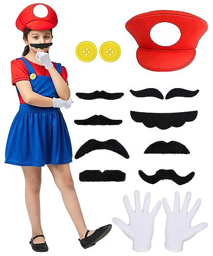 Super Brother Kostüm Kinder, 14 Pcs Super Bros Faschingskostüme, Brother Cosplay Kostüm Verkleidung, Mädchenkostüm mit Hut, Handschuhen für Kindergeburtstag Weihnachten Party Karneval Cosplay-S von YYDSXK