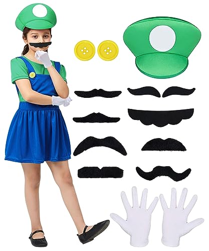 Super Brother Kostüm Kinder, 14 Pcs Super Bros Faschingskostüme, Brother Cosplay Kostüm Verkleidung, Mädchenkostüm mit Hut, Handschuhen für Kindergeburtstag Weihnachten Party Karneval Cosplay-S von YYDSXK