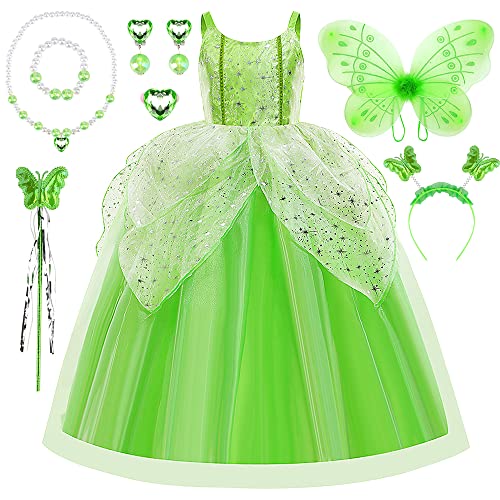 Tinkerbell Kostüm Kinder, Mädchen Fee Kostüm Schmetterling Feen Prinzessinenkleid, Tinkerbell Prinzessin Grün mit Schmetterling Flügel Set für GeburtstagKarneval Halloween Cosplay Kinder (120cm) von YYDSXK