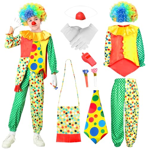 YYDSXK 10-Teiliges Clown Kostüm Kinder Set mit Bunter Clown Perücke, Clown Nase, Fliege, Krawatte und Handschuhen Zubehör für Halloween Karneval Kostüm Cosplay Aufführungen Zirkus Requisiten von YYDSXK