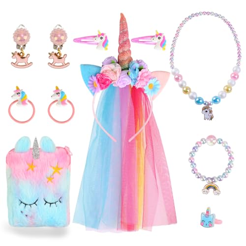 YYDSXK 11 Stück Einhorn Geschenke für Mädchen, Schmuckset für Mädchen, Einhorn Haarreif mit Tüll, Unicorn Kette Halskette Armband Ring Schmuckset, Einhorn Geldbörse Haarspange Haargummi von YYDSXK