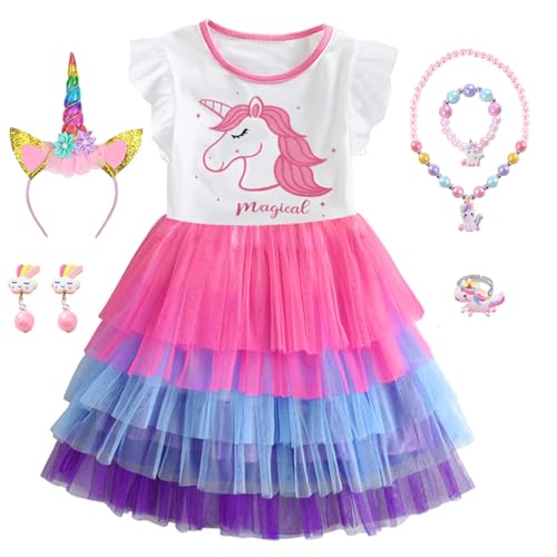 YYDSXK Einhorn Kleid Mädchen, Prinzessin Kleid Mädchen mit Einhorn Haarreif, Einhorn Prinzessin Kostüm mit Accessoires für Geburtstag Party Kleid Halloween Karneval Bühnen Aufführung Cosplay Kleid von YYDSXK