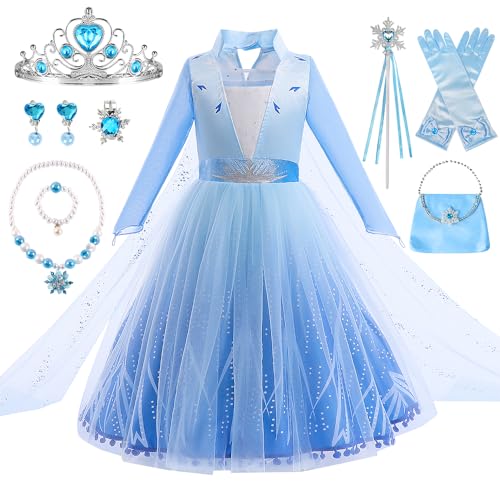 Elsa Anna Kostüm Mädchen, Eiskönigin Prinzessin Kleid mit Umhang Krone Halsketten Set, Elsa Anna Kleid Geschenke für Mädchen, Eiskönigin Kleid Prinzessin Kostüm für Karneval Cosplay von YYDSXK