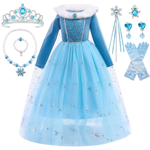 Elsa Anna Kostüm Mädchen, Eiskönigin Prinzessin Kleid mit Umhang Krone Halsketten Set, Elsa Anna Kleid Geschenke für Mädchen, Eiskönigin Kleid Prinzessin Kostüm für Karneval Cosplay von YYDSXK