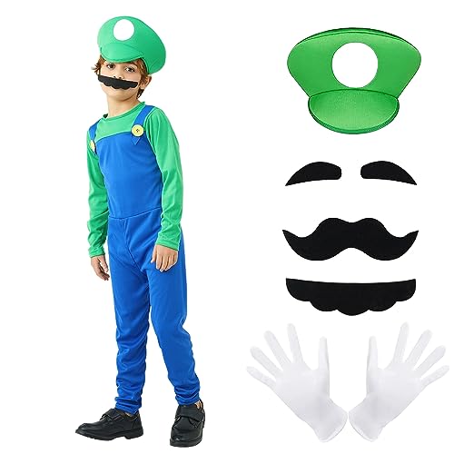 YYDSXK Super Bros Kostüm Herren Kinder, Kostüm Erwachsene und Kinder Set mit Hut, Handschuhen, Bart, Super Brother Kostüm für Halloween, Verkleidung, Karneval, Cosplay, Geburtstag Party Kostüme von YYDSXK