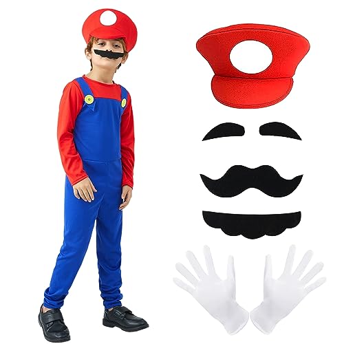 YYDSXK Super Bros Kostüm Herren Kinder, Kostüm Erwachsene und Kinder Set mit Hut, Handschuhen, Bart, Super Brother Kostüm für Halloween, Verkleidung, Karneval, Cosplay, Geburtstag Party Kostüme von YYDSXK