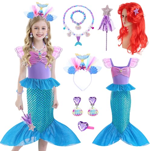 YYDSXK Meerjungfrau Kostüm Mädchen, Prinzessin Arielle Kostüm Kleid mit Ariel Meerjungfrau Perücke, Arielle Kostüm Kinder Geschenke für Mädchen, Meerjungfrau Kleid für Cosplay Karneval Party (130) von YYDSXK