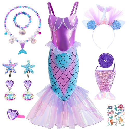 YYDSXK Meerjungfrau Kostüm Mädchen, Prinzessin Arielle Kostüm Kleid mit Meerjungfrau Halsketten Set, Ariel Kostüm Kinder Geschenke für Mädchen, Meerjungfrau Kleid für Cosplay Karneval Party (130) von YYDSXK