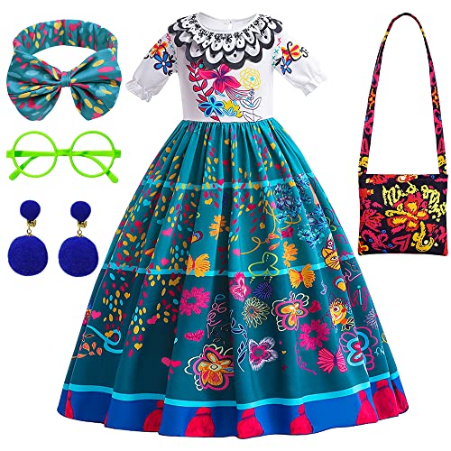 YYDSXK Mirabel Kostüm, Mirabel Prinzessin Kleid für Mädchen, Mirabel Madrigal Cosplay Kostüm mit Umhängetasche, Brille, Haarband für Kinder 2-11Jahre Halloween Karneval Cosplay Geburtstag (130cm) von YYDSXK