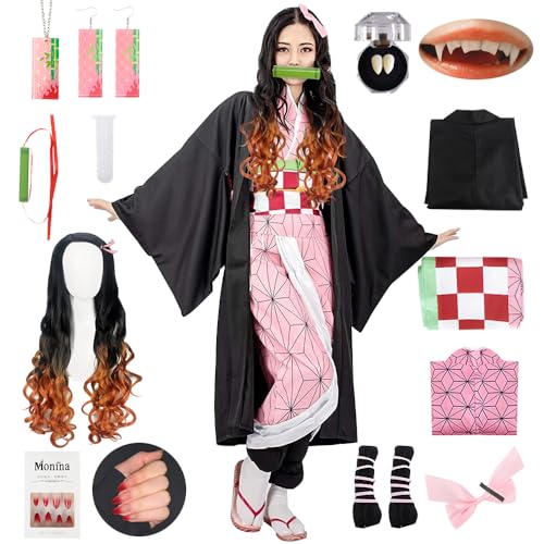 YYDSXK Nezuko Tanjirou Cosplay, Nezuko Tanjirou Kochou Shinobu Mitsuri Kostüm Set, Kimono Cape Ensemble, Geschenk für Kinder, Nezuko Tanjiro Kostüm für Karneval Halloween Weihnachten von YYDSXK