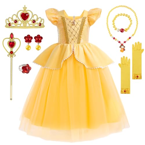 YYDSXK Prinzessin Kleid Mädchen, Belle Kostüm Mädchen mit Krone Zauberstab Halsketten Set, Faschingskostüme Kinder Belle Prinzessin Kostüm Mädchen für Karneval Cosplay Geburtstagsfeier von YYDSXK