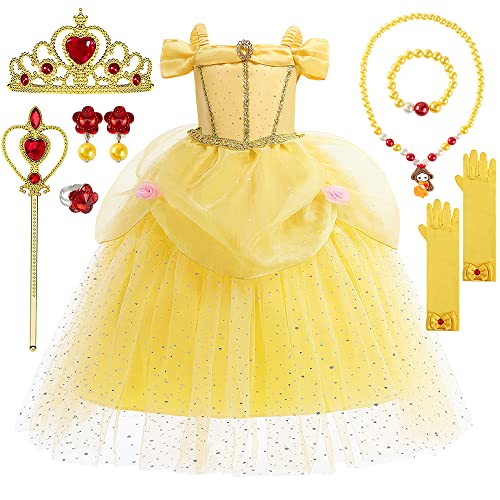 YYDSXK Prinzessin Kleid Mädchen, Belle Kostüm Mädchen mit Krone Zauberstab Halsketten Set, Faschingskostüme Kinder Belle Prinzessin Kostüm Mädchen für Karneval Cosplay Geburtstagsfeier von YYDSXK