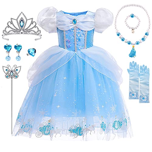 YYDSXK Prinzessin Kleid Mädchen, Cinderella Kostüm mit Krone Zauberstab Halsketten Set, Faschingskostüme Kinder Cinderella Kleid Prinzessin Kostüm für Karneval Cosplay Geburtstagsfeier (A, 120) von YYDSXK